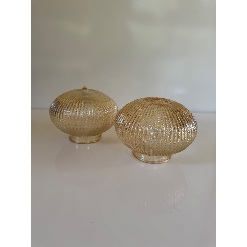 Vintage Amber Ribbed Glass Beehive Light Globe Shades Set of 2 Mid Century 6in